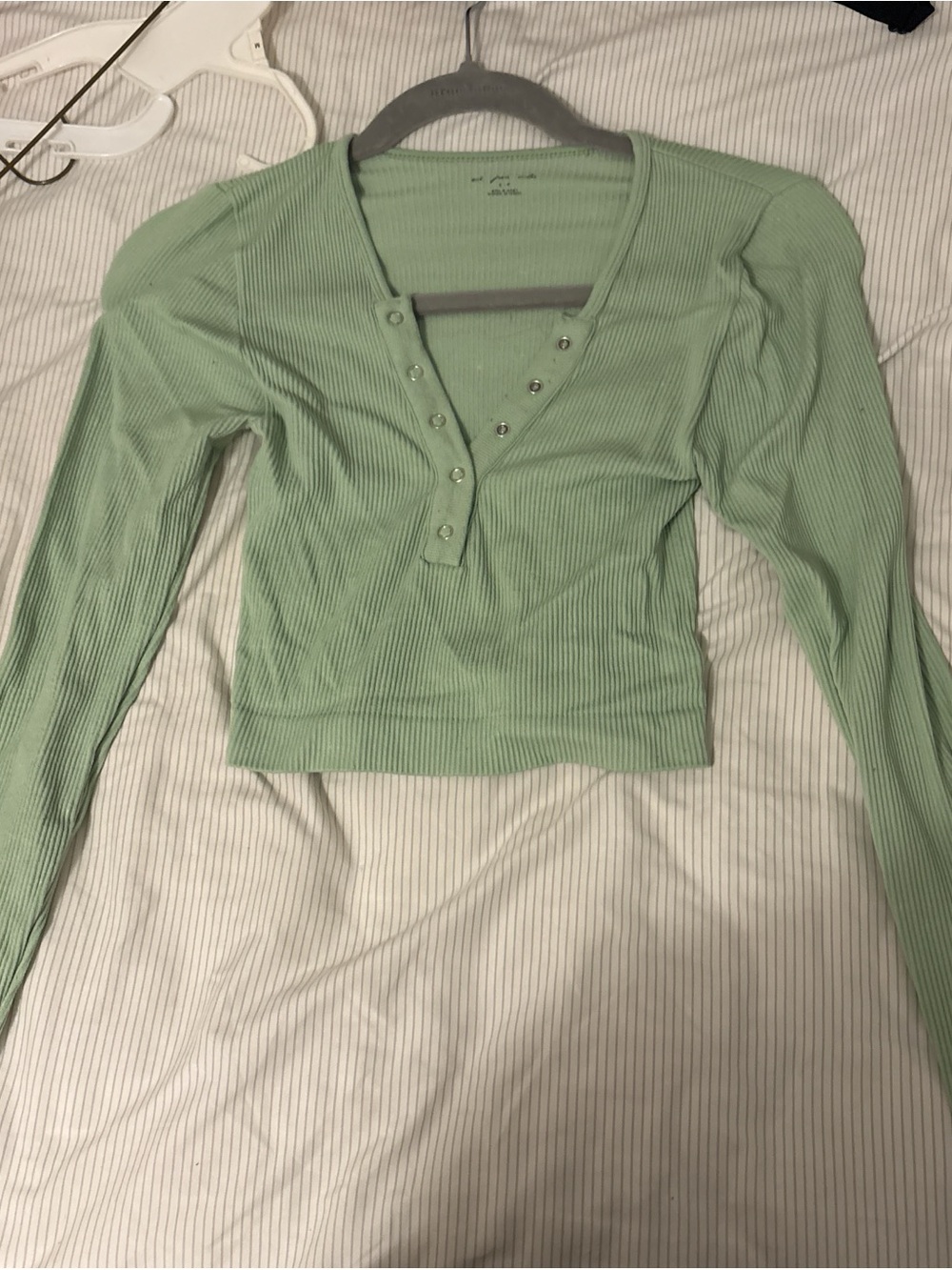 Ribbed Snap-Front Long Sleeve Top - Mint Green